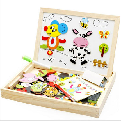 Wooden Magnetic 3D Puzzle Box Figure Animals Circus And  Writing Drawing Board