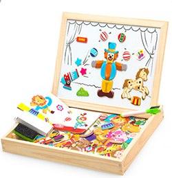 Wooden Magnetic 3D Puzzle Box Figure Animals Circus And  Writing Drawing Board