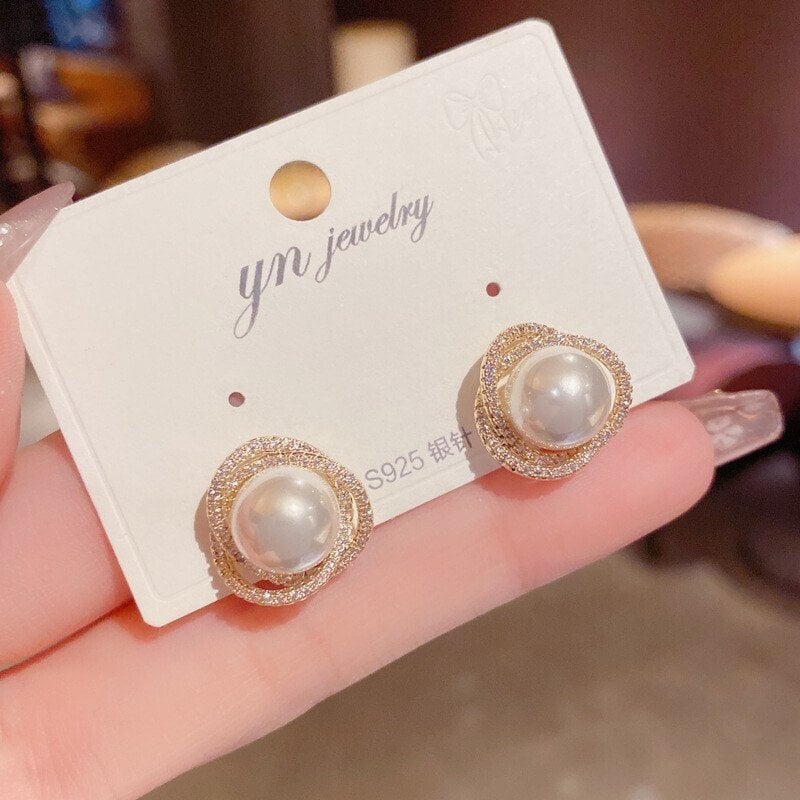 Zircon Wrapped Pearl Stud Earrings