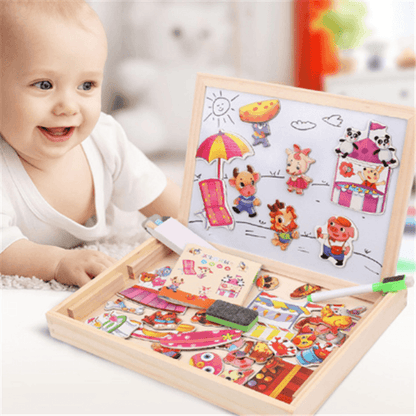 Wooden Magnetic 3D Puzzle Box Figure Animals Circus And  Writing Drawing Board