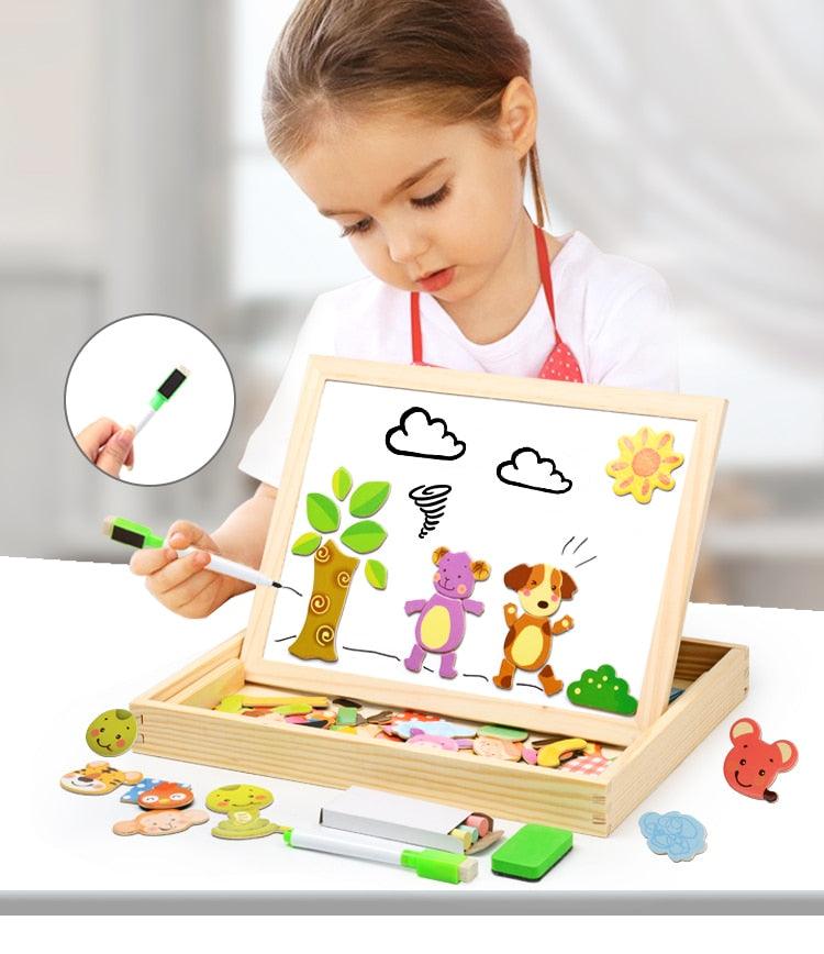 Wooden Magnetic 3D Puzzle Box Figure Animals Circus And  Writing Drawing Board