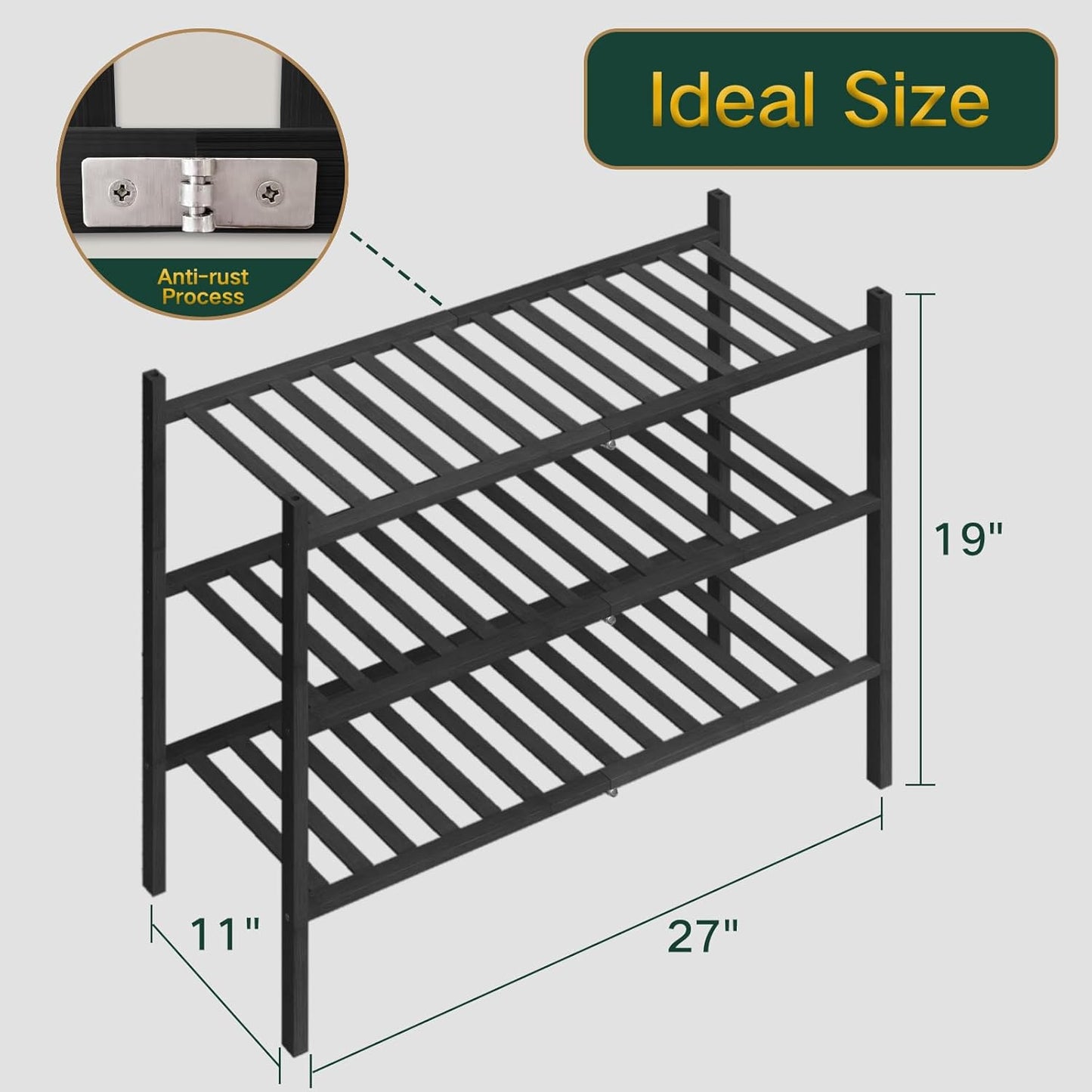 Z&L HOUSE 3-Tier Shoe Rack for Closet, Stackable Shoes Rack Organizer Free Standing Shoe Shelf for Entryway and Closet Hallway, Multifunctional Bamboo Rack in Different Combinations (3-Tier)