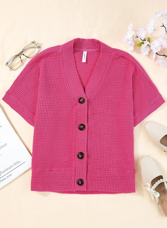 Dokotoo Womens Summer Tops 2024 Waffle Knit Button Down Shirts Casual V Neck Short Sleeve Shacket Jacket Dressy Blouses