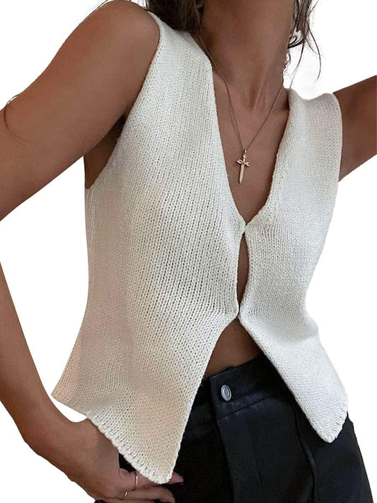 Women Y2k Crochet Vest Top Vintage Solid Color V Neck Sleeveless Button Down Crop Tops Streetwear