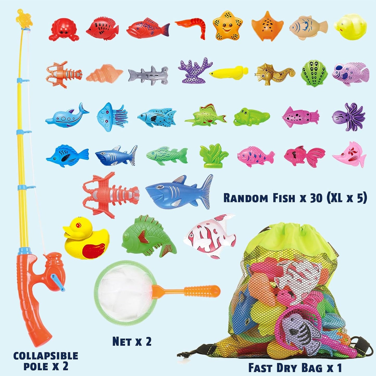 CozyBomB™ Magnetic Fishing Pool Toys Game for Kids - Water Table Bathtub Kiddie Party Toy with Pole Rod Net Plastic Floating Fish Toddler Color Ocean Sea Animals Gifts Age 3 4 5 6 Year Old