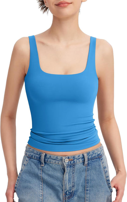 PUMIEY Women's Square Neck Tank Top Sleeveless Double Lined Basic Tops Sharp Collection