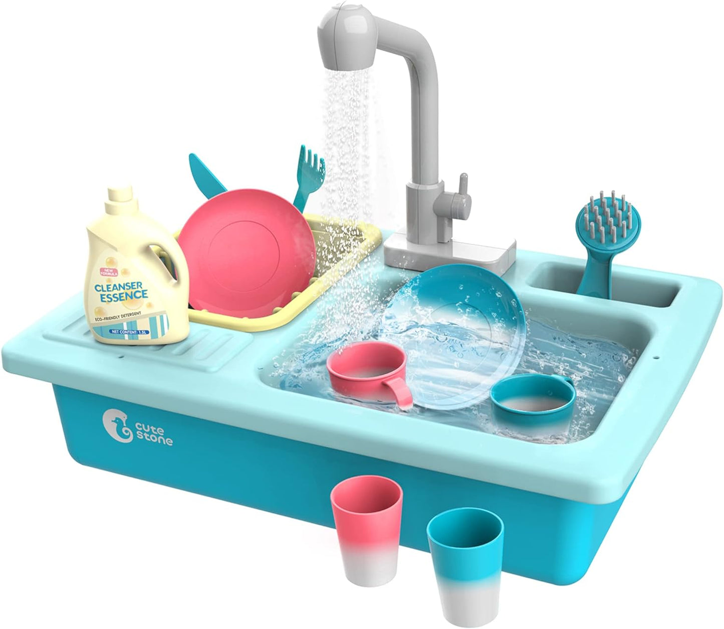 CUTE STONE Color Changing Kitchen Sink Toys, Children Electric Dishwasher Playing Toy with Running Water, Upgraded Faucet, Automatic Water Cycle System Play House Pretend Role Play Toys for Boys Girls