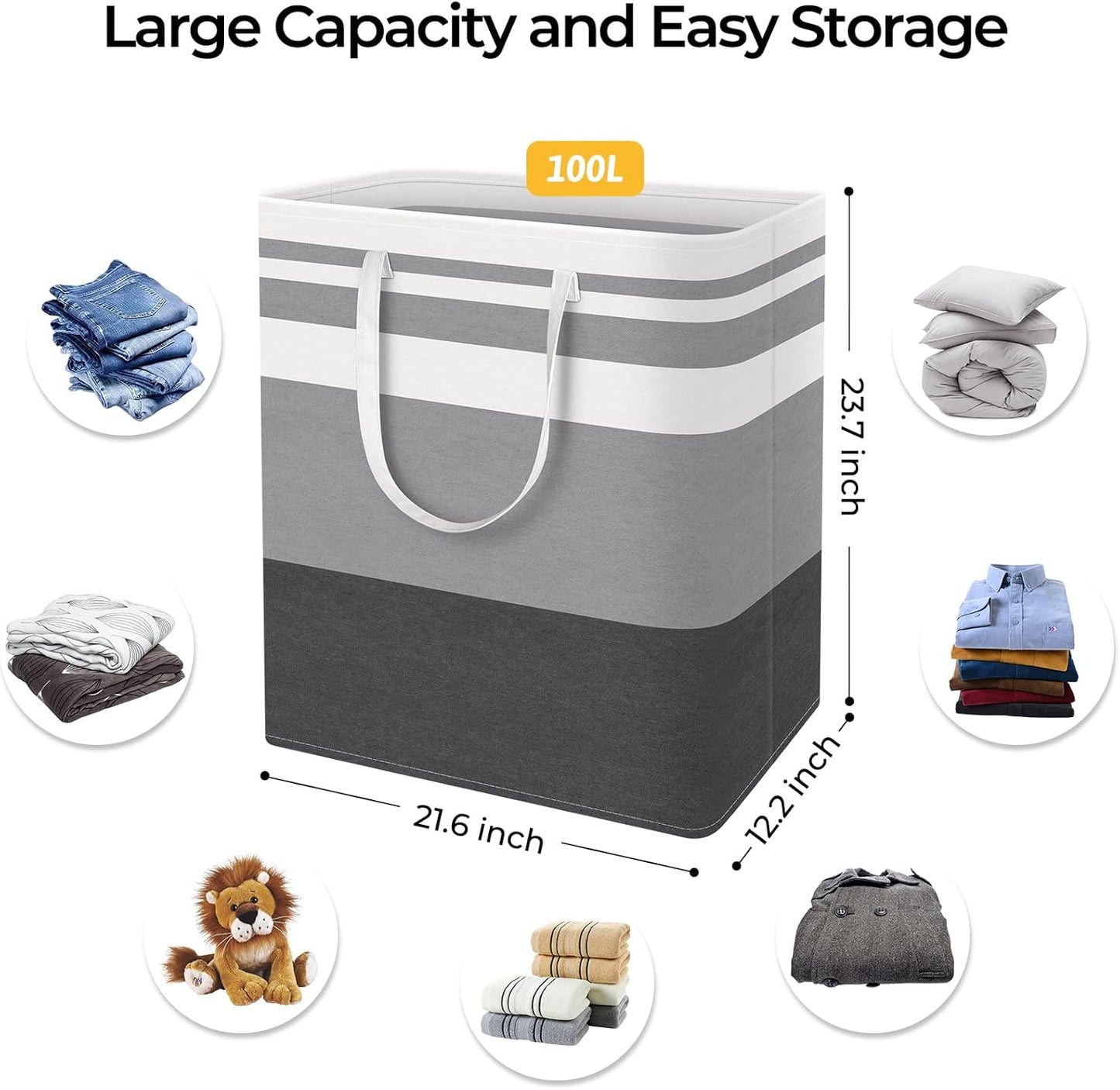 HomeHacks 2-Pack Large Laundry Basket, Waterproof, Freestanding Laundry Hamper, Collapsible Tall Clothes Hamper with Extended Handles for Clothes Toys in the Dorm and Family-(Gradient Grey, 75L)