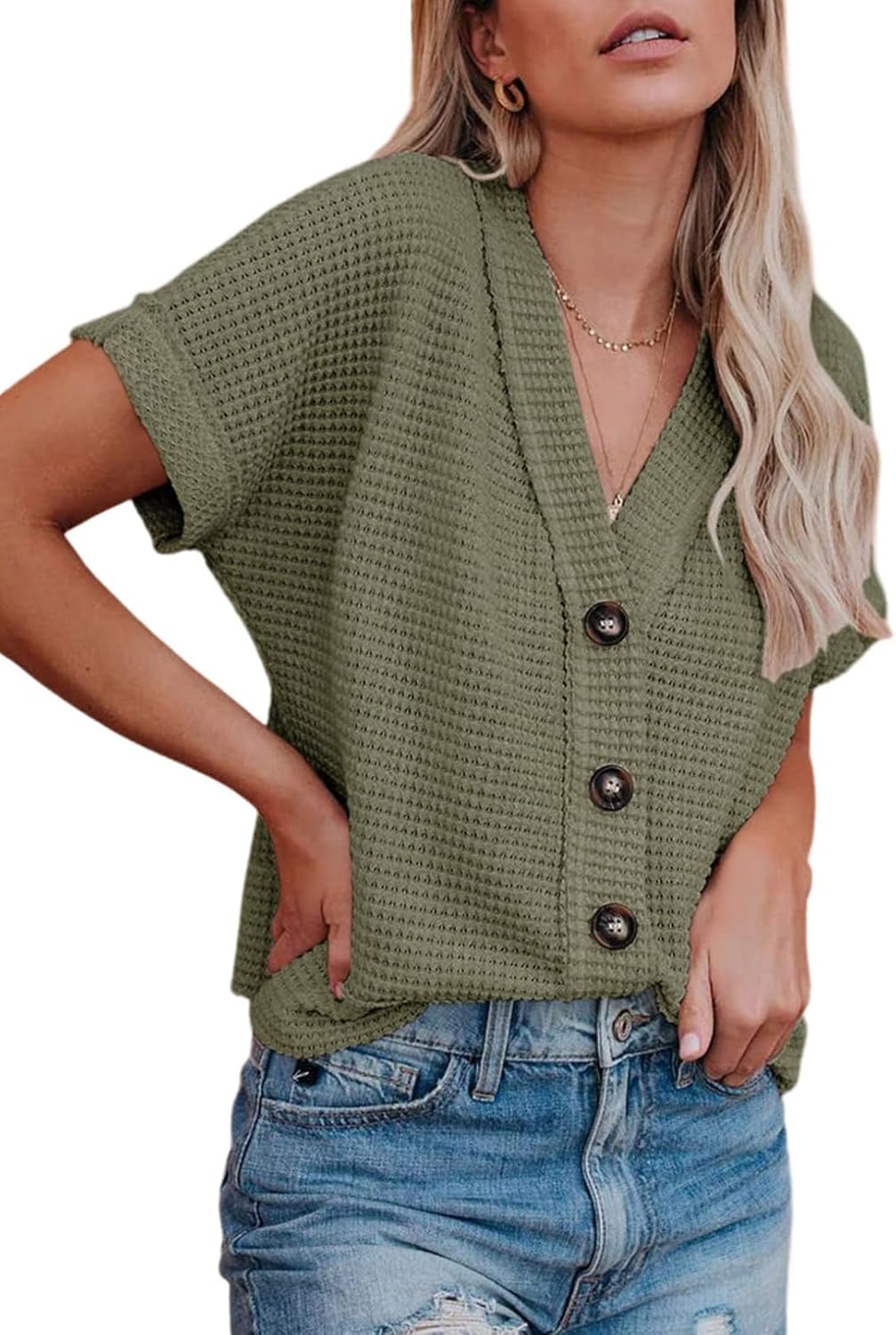 Dokotoo Womens Summer Tops 2024 Waffle Knit Button Down Shirts Casual V Neck Short Sleeve Shacket Jacket Dressy Blouses