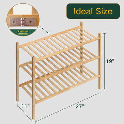 Z&L HOUSE 3-Tier Shoe Rack for Closet, Stackable Shoes Rack Organizer Free Standing Shoe Shelf for Entryway and Closet Hallway, Multifunctional Bamboo Rack in Different Combinations (3-Tier)