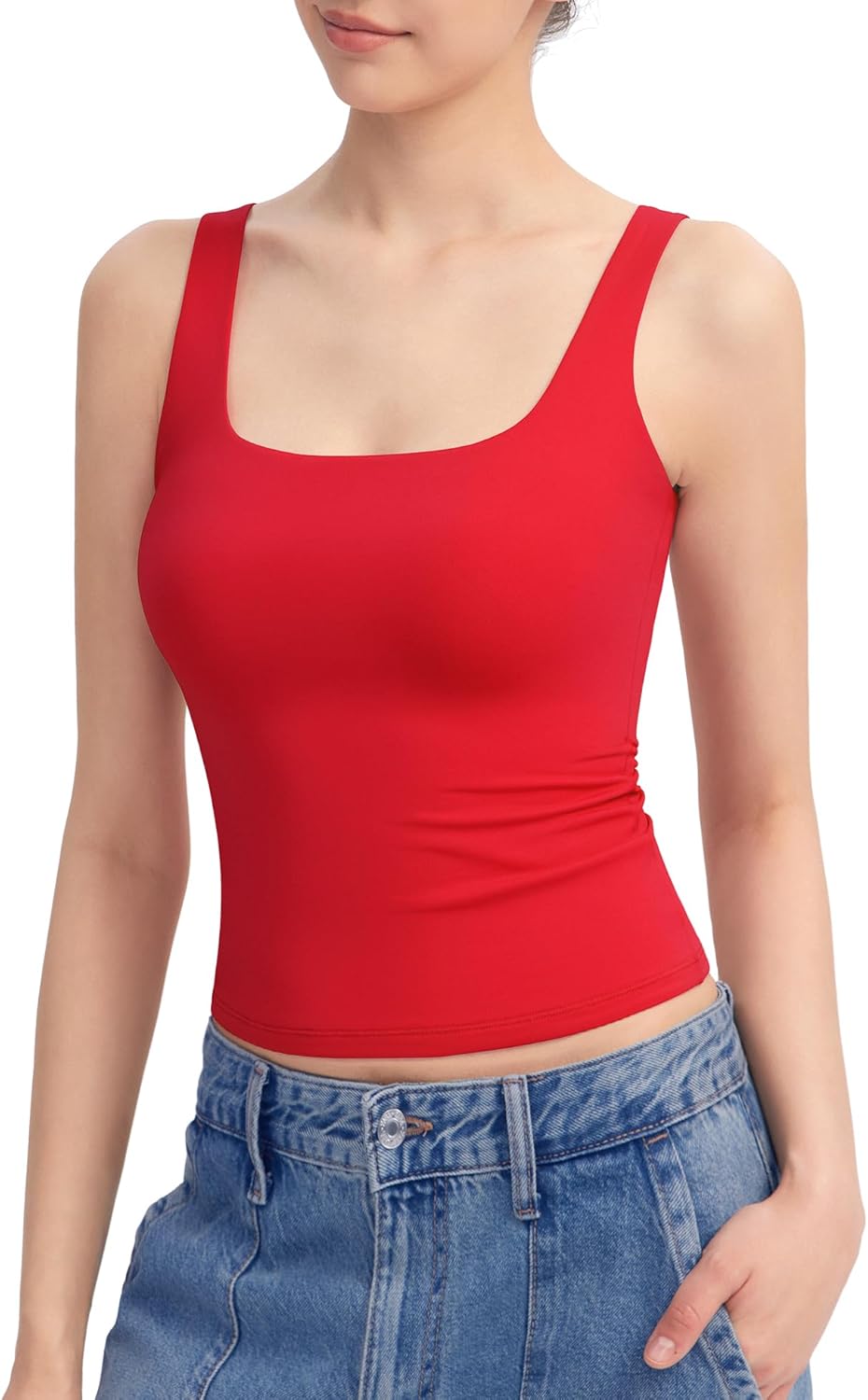 PUMIEY Women's Square Neck Tank Top Sleeveless Double Lined Basic Tops Sharp Collection