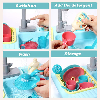 CUTE STONE Color Changing Kitchen Sink Toys, Children Electric Dishwasher Playing Toy with Running Water, Upgraded Faucet, Automatic Water Cycle System Play House Pretend Role Play Toys for Boys Girls