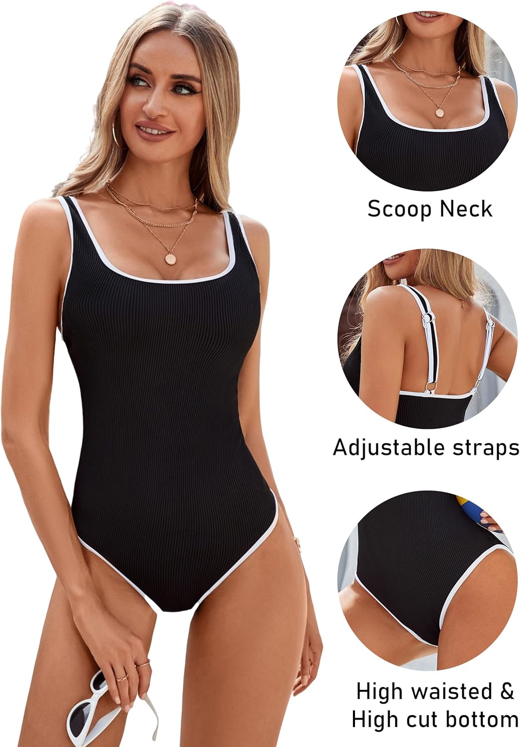 BMJL Women's One Piece Swimsuit Sports Adjustable Strap Bathing Suit Color Block Ribbed High Cut Swimsuits