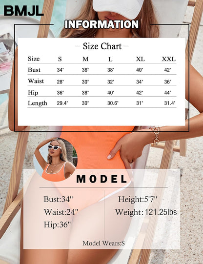 BMJL Women's One Piece Swimsuit Sports Adjustable Strap Bathing Suit Color Block Ribbed High Cut Swimsuits