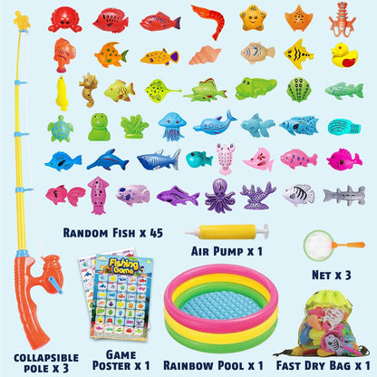 CozyBomB™ Magnetic Fishing Pool Toys Game for Kids - Water Table Bathtub Kiddie Party Toy with Pole Rod Net Plastic Floating Fish Toddler Color Ocean Sea Animals Gifts Age 3 4 5 6 Year Old