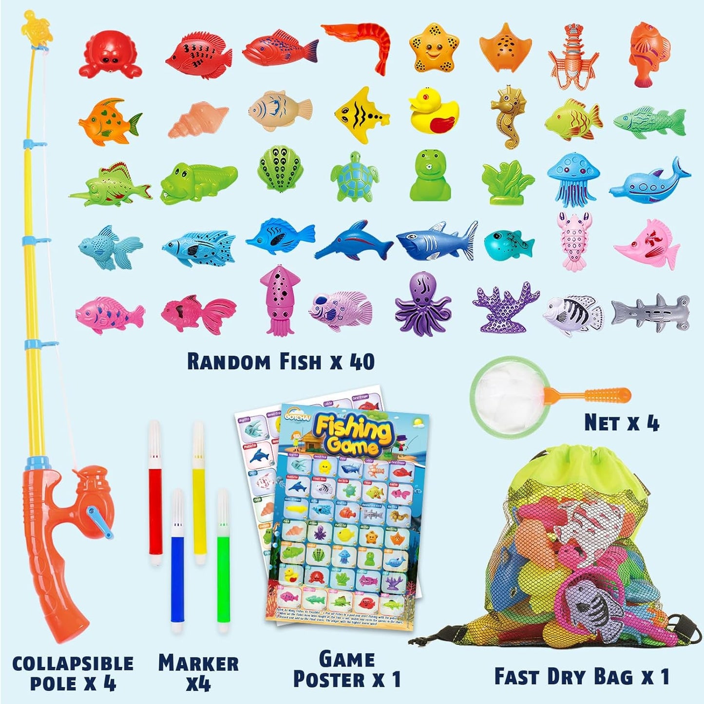 CozyBomB™ Magnetic Fishing Pool Toys Game for Kids - Water Table Bathtub Kiddie Party Toy with Pole Rod Net Plastic Floating Fish Toddler Color Ocean Sea Animals Gifts Age 3 4 5 6 Year Old