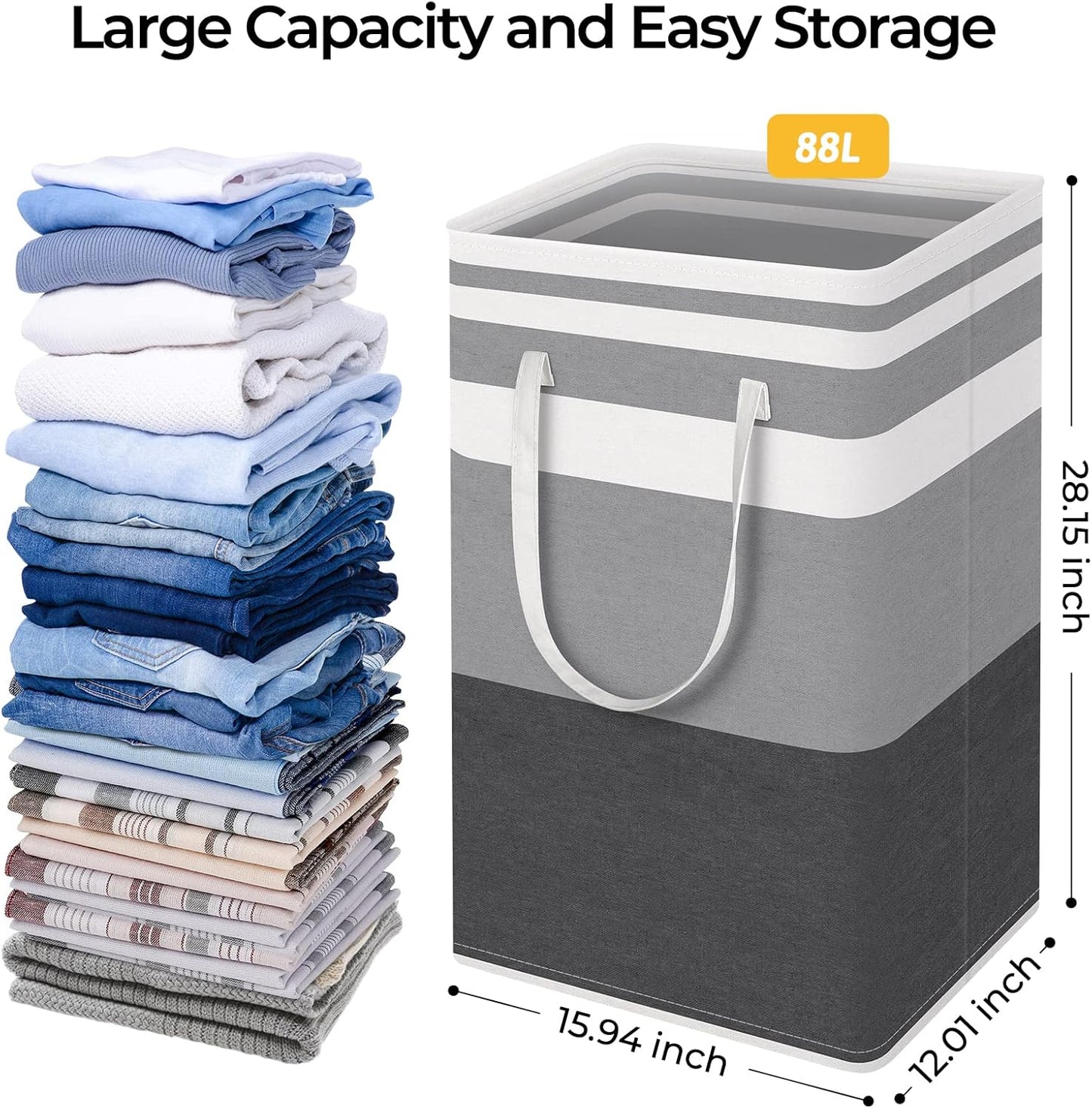 HomeHacks 2-Pack Large Laundry Basket, Waterproof, Freestanding Laundry Hamper, Collapsible Tall Clothes Hamper with Extended Handles for Clothes Toys in the Dorm and Family-(Gradient Grey, 75L)