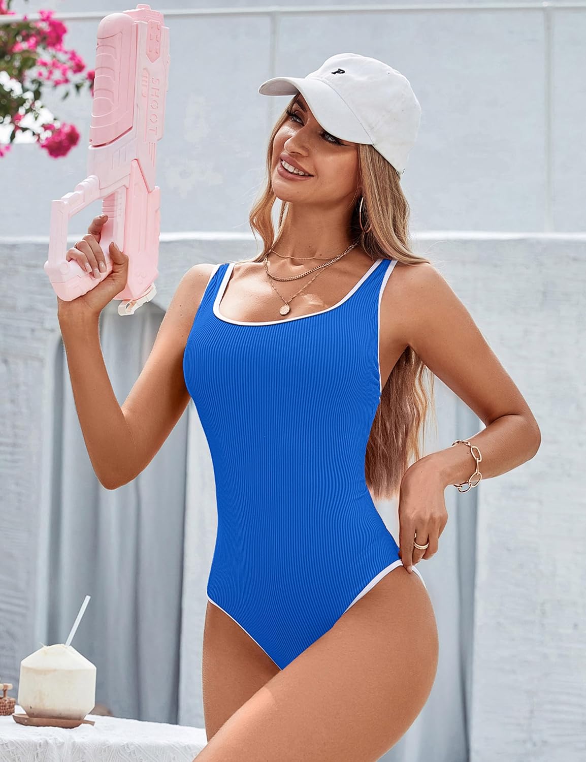 BMJL Women's One Piece Swimsuit Sports Adjustable Strap Bathing Suit Color Block Ribbed High Cut Swimsuits