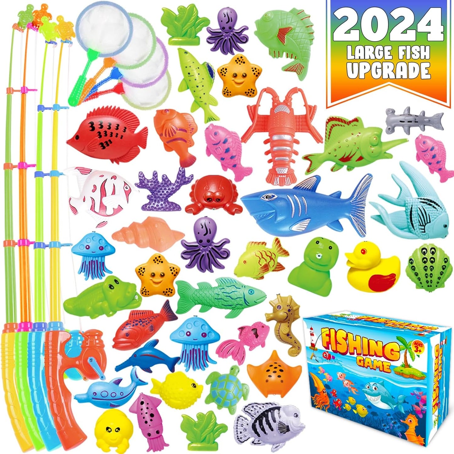 CozyBomB™ Magnetic Fishing Pool Toys Game for Kids - Water Table Bathtub Kiddie Party Toy with Pole Rod Net Plastic Floating Fish Toddler Color Ocean Sea Animals Gifts Age 3 4 5 6 Year Old