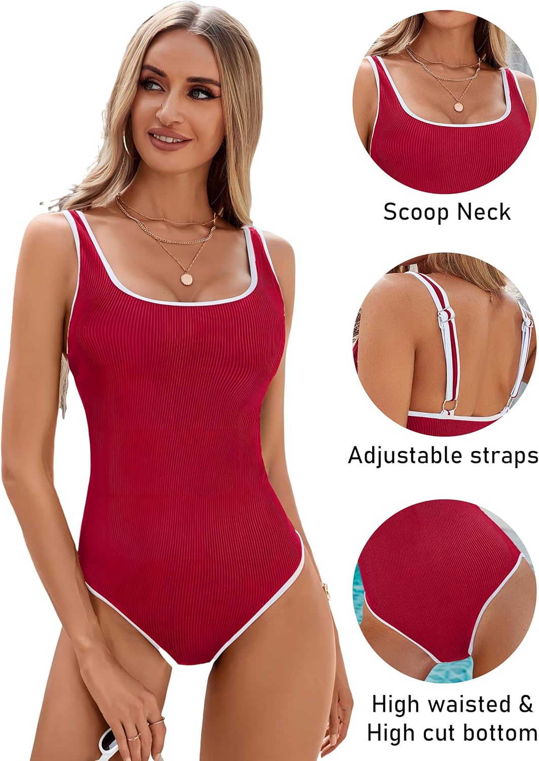 BMJL Women's One Piece Swimsuit Sports Adjustable Strap Bathing Suit Color Block Ribbed High Cut Swimsuits