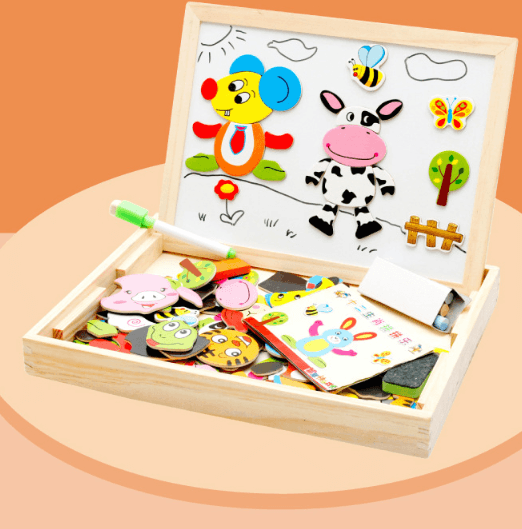 Wooden Magnetic 3D Puzzle Box Figure Animals Circus And  Writing Drawing Board