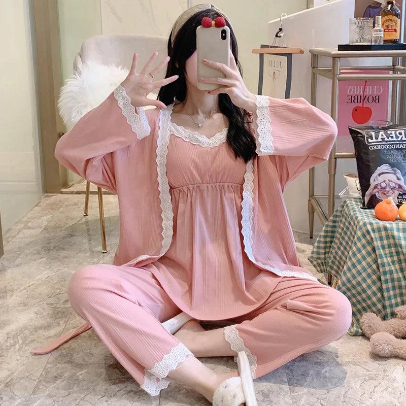 3Pcs/Set 100% Cotton Pregnancy Pajamas Long Sleeve