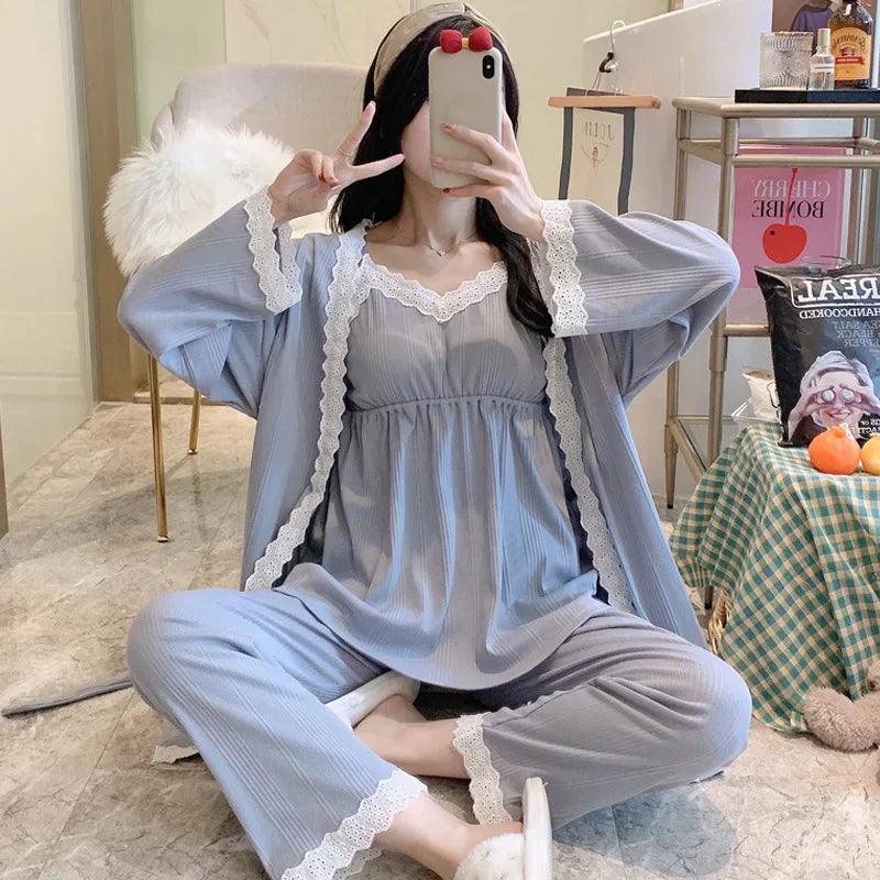 3Pcs/Set 100% Cotton Pregnancy Pajamas Long Sleeve