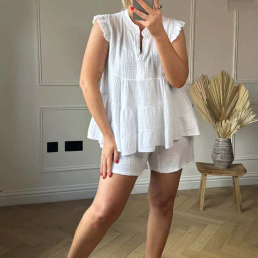 Ensemble short et top à volants en toile de chèvre pour femmes