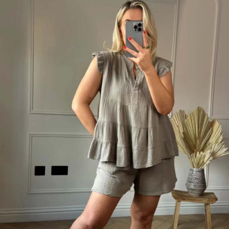 Ensemble short et top à volants en toile de chèvre pour femmes