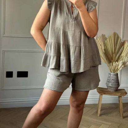 Ensemble short et top à volants en toile de chèvre pour femmes